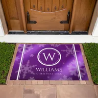 Festive Purple Foil Snowflakes Monogram Name Doormat