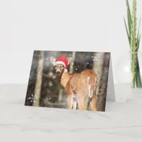 Deer with Christmas Hat in the Snow Whimsical   Holiday Card