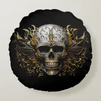 Intricate Gold Smiling Tribal Skull Round Pillow