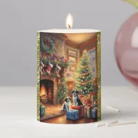 Festive decorated room, fireplace, dogs, vintage  pillar candle