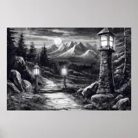 Old winding path through the woods in lamplight poster