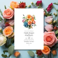 Blue, Pink, Orange, and Green Floral Wedding Invitation