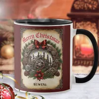 Steampunk Wreath Cogs Merry Christmas Personalized Mug