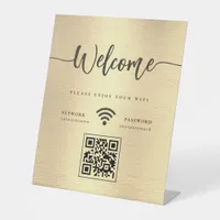 Elegant Welcome Script WIFI QR Code Metallic Gold Pedestal Sign