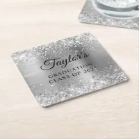 Glittery Silver Foil Graduation Square Paper Coaster