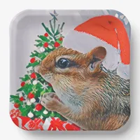 Chipmunk with Christmas Hat in Front of Tree Paper Plates