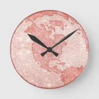 Metallic Rose Gold Glitter Pink Marble Globe Round Clock