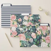 Watercolor Peonies and Navy Blue Stripes File Folder