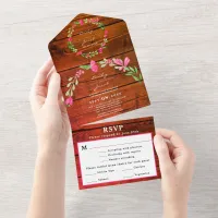 Red Brown Rustic Wood Pink Floral Country Wed RSVP All In One Invitation