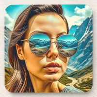 Beautiful Woman in Sunglasses Mountain Reflectoin Beverage Coaster