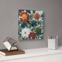 Vibrant Lotus and Chrysanthemum Design Square Wall Clock