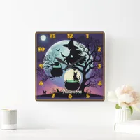 Witch brewing potions on Halloween night Square Wall Clock