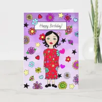 Happy Birthday Whimsical Lady with Flowers Card