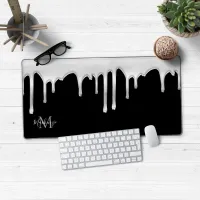 Black Silver Chrome Metallic Drips Monogram Desk Mat