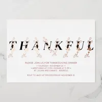 Thankful Rose Gold Fall Leaves Thanksgiving Dinner Foil Invitation