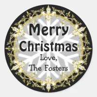 Merry Christmas Gold and Black Personalize Holiday Classic Round Sticker