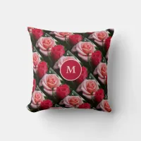 Roses Pink Red Floral Pattern Custom Monogram Throw Pillow