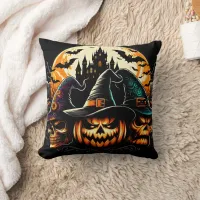 Spooky pumpkin display with witches and a castle throw pillow