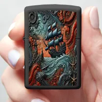 Intricate Ship Sailing Through a Wild Ocean Scene Zippo Lighter