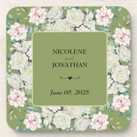 Elegant Floral Embrace Wedding Beverage Coaster