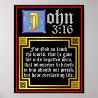 John 3:16 Blue Illuminated Letter Biblical Quote Poster