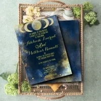 Elegant Crescent Moon Celestial Wedding:Blue&Gold Invitation