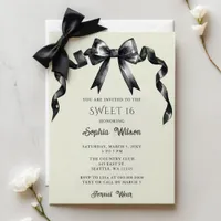 Elegant Watercolor Coquette Black Bow Sweet 16 Invitation