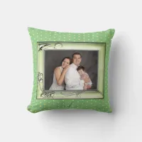 Green Flowers Photo Frame Image Yellow Dots Green Throw Pillow