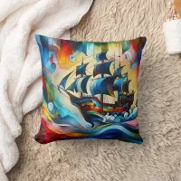 Colorful Pirate Ship in Abstract Waves Throw Pillow