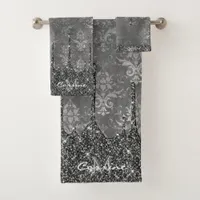 Monogram Metallic Dripping Black Glitter Damask Bath Towel Set