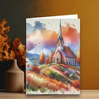 Watercolor Church on a Fall Day | Autumn Blessings Card