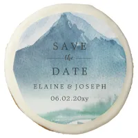 Rustic Watercolor Mountains Lake Save The Date Sugar Cookie