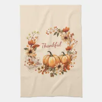 Thankful Pumpkin and Autumn Flowers Wreath Kitchen Towel