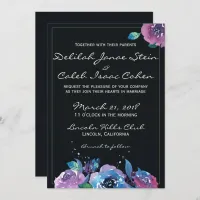 Deep Blue Purple Moody Twilight Floral Wedding Invitation