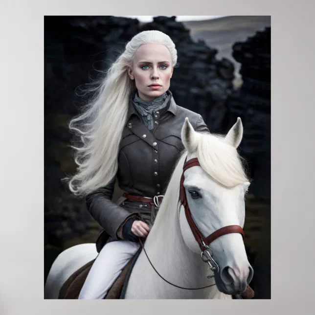 Icelandic Woman on White Horse Photograph Poster