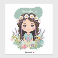 Cute Boho Girl with Daisies in Aqua Sticker