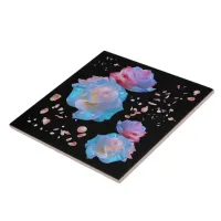 Water Droplets on Pink & Blue Roses on Black | Ceramic Tile