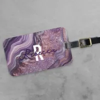 Glam Chic Elegant Purple Glitter Agate Marble Luggage Tag