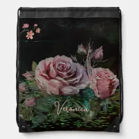 Pink Roses on Black  Drawstring Bag