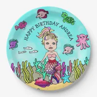 Pesonalized Pink Purple Blonde  Mermaid Birthday Paper Plates