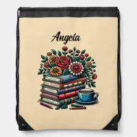 Personalized Vintage Books, Coffee and Flowers Drawstring Bag