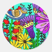 Bird and Flowers Folk Art  Classic Round Sticker