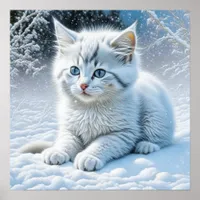 Cute White Cat Playing in the Snow   Poster