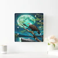 Eagle Perched on Branch Under Full Moonlight Square Wall Clock