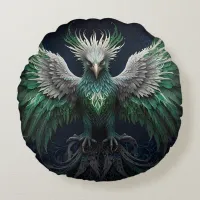 Majestic Green & White Phoenix Bird Round Pillow