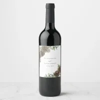 Watercolor Pine Cone Greenery Winter Wedding Wine Label