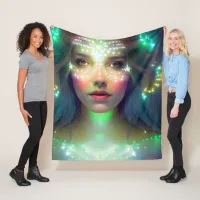 Glowing Green Stars Goddess of Light Fantasy Art Fleece Blanket