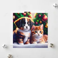 Cute puppy and cat under Christmas tree Holiday Card