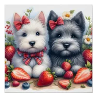 Cute Dogs and Strawberries Whimsical Poster