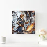 Brave Cat Blacksmith Forging a Sword in Workshop Square Wall Clock